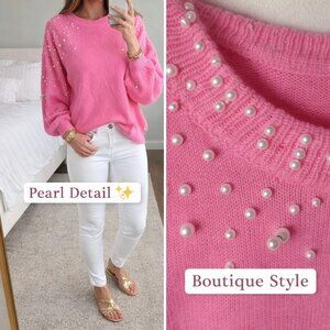 BiBi Hot Pink Pearl Beaded Sweater XL NWT Chunky Knit Crew Neck Balloon Sleeve B